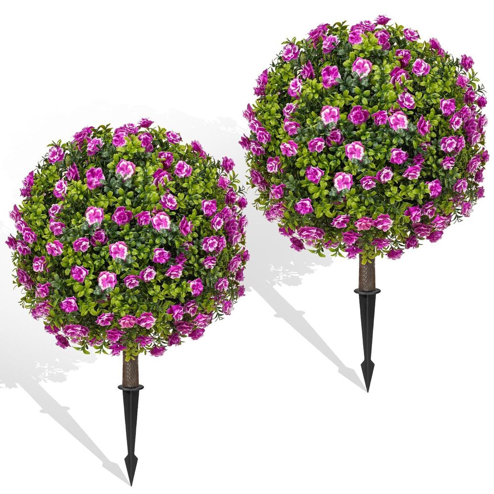 6287 Artificial Purple Rose Topiary Ball Trees with Ground Spike Set of 2